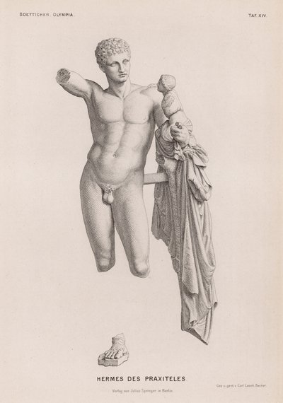 Hermes y el infante Dionisio, escultura atribuida a Praxíteles excavada en Olimpia, Grecia de German School