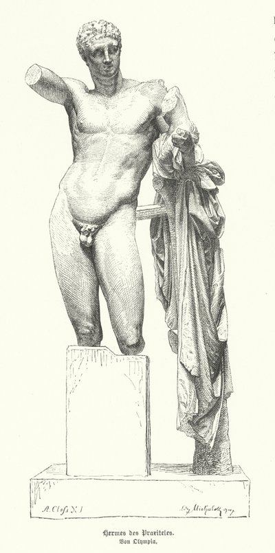 Hermes y el niño Dionisio, estatua del escultor griego Praxíteles descubierta en las ruinas del Templo de Hera, Olimpia de German School