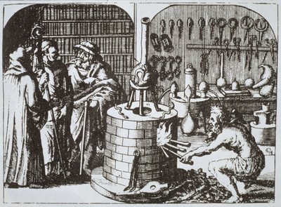 Filósofos herméticos y un alquimista, de Museum Hermeticum por Michael Majer (1625) ilustrado en una historia de la magia publicado a finales del siglo XIX de German School