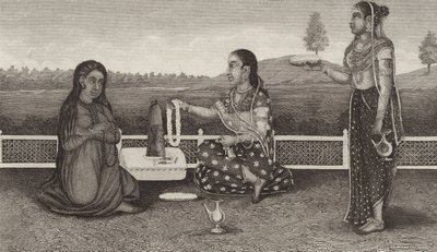 Veneración hindú de los muertos, India. Ilustración para Bilder-Atlas de German School