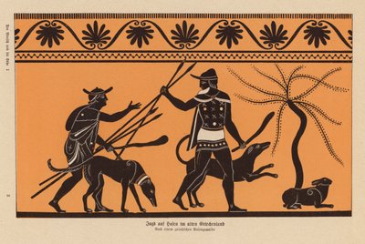 La caza de la liebre en la antigua Grecia (litografía en color) de German School