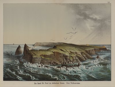 Isla Saint-Paul, isla volcánica en el Océano Índico (litografía a color) de German School