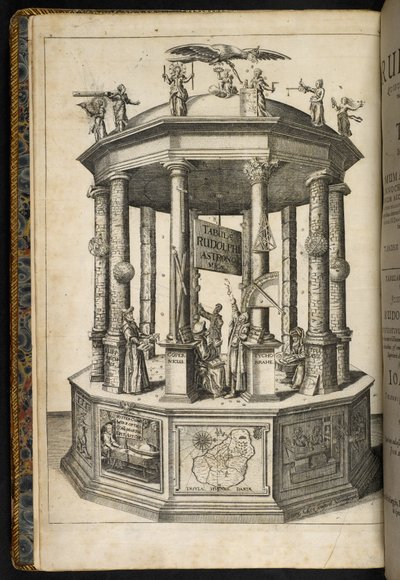 Frontispicio ilustrado que muestra un templo de Urania, la musa de la astronomía, de 