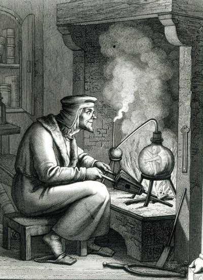 Ilustración del Fausto de Goethe que representa a Mefistófeles creando un homúnculo, 1854 de German School