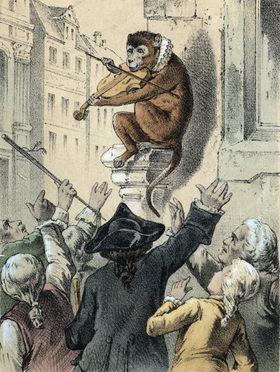 Ilustración de los cuentos de Franz Hoffmann “Cuentos y Fábulas - El mono y el violín”: un mono tocando el violín frente a una multitud. Cromolitografía del siglo XIX. de German School