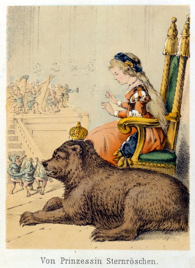 Ilustración de los cuentos de Franz Hoffmann "Cuentos y Fábulas - Von Prinzessin Sternröschen": una princesa junto a un oso rey. Cromolitografía del siglo XIX de German School