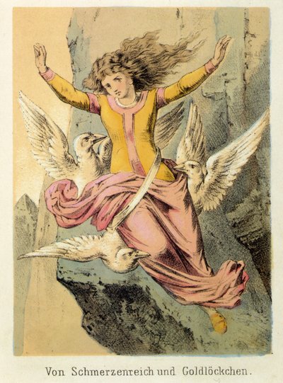 Ilustración de los cuentos de Franz Hoffmann "Cuentos y Fábulas - Von Schmerzenreich und Goldlöckchen": una mujer rodeada de tres pájaros. Cromolitografía del siglo XIX de German School