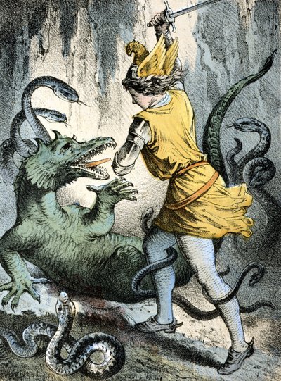 Ilustración de los cuentos de Franz Hoffmann "Cuentos y Fábulas": "Von Wunderhold und Tausendschön" (un hombre matando a un monstruo o un dragón). Cromolitografía del siglo XIX de German School