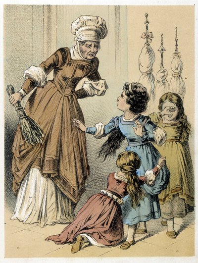 Ilustración de los cuentos de Franz Hoffmann “Cuentos y Fábulas - Los 3 Regalos”: una mujer abusó de las 3 niñas. Cromolitografía del siglo XIX de German School