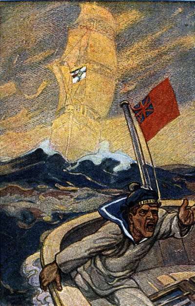 Ilustración de propaganda alemana de la revista Jugend durante la Primera Guerra Mundial. Un marinero inglés es aterrorizado por la aparición de un barco fantasma con la bandera del Reich de German School