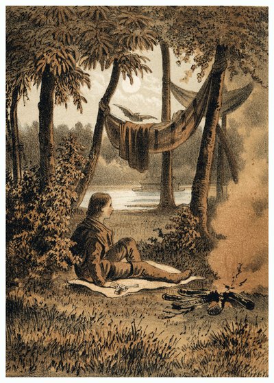 Ilustración de la conquista del río Amazonas por los europeos, instalación de un campamento cerca del río. en "De Bootslieden der Amazon-river", Karl Muller, Países Bajos de German School