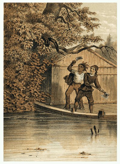Ilustración de la conquista del río Amazonas por los europeos. En “De Bootslieden der Amazon-River”, Karl Muller, Países Bajos de German School