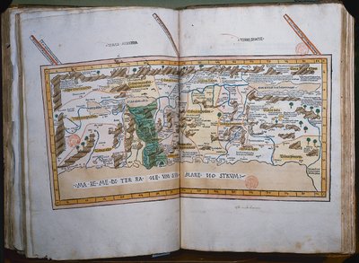 Inc. 425 Mapa de Tierra Santa, basado en descripciones y coordenadas dadas en Cosmographica, por Ptolomeo (Claudio Ptolomeo de Alejandría) (c.90-168 d.C.) publicado en Ulm, Alemania, por Johann Reger de German School