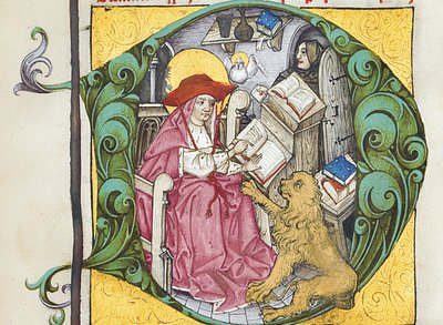 Inicial D de Epistolae Hieronymus, cartas y tratados de San Jerónimo, editado por Adrianus Brielis de German School