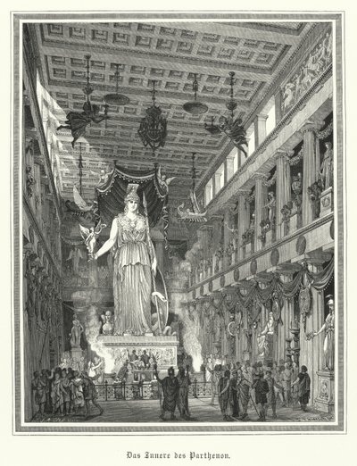Interior del Partenón, Atenas, con la estatua colosal de la diosa griega Atenea de German School