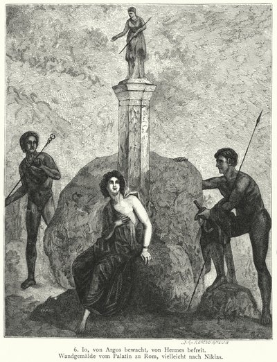 Io, custodiada por Argos Panoptes por orden de la diosa Hera, siendo observada por Hermes, enviado por Zeus para secuestrarla, pintura mural romana de German School