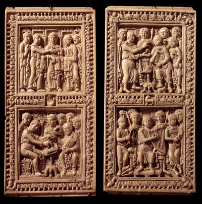 Encuadernaciones de marfil del Salterio de Dagulf: David, San Jerónimo. Fue encargado por Carlomagno al escriba Dagul (o Dagulfe) para el Papa Adriano I. Finales del siglo VIII. De Aquisgrán. París, Museo del Louvre de German School