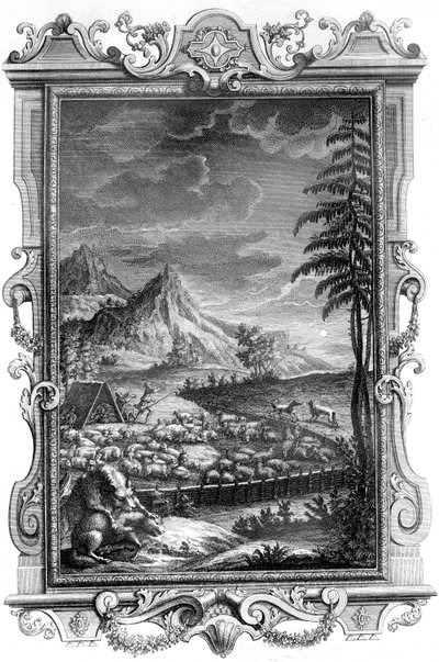 Jacob, el pastor fiel, protegiendo su rebaño de ovejas del ataque de los lobos, 1731 de German School