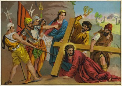 Jesús cayendo bajo el peso de su Cruz camino de su Crucifixión (litografía en color) de German School