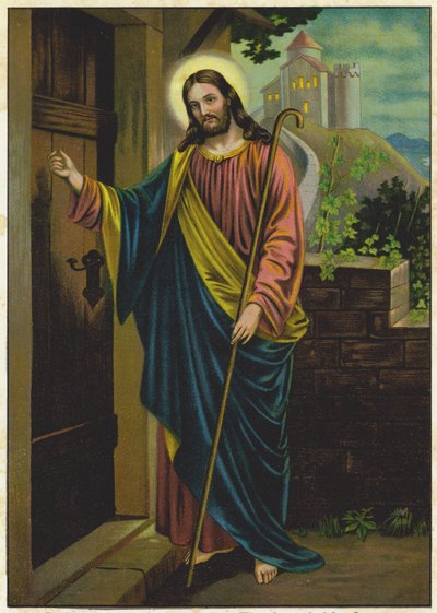 Jesús llamando a la puerta de una casa (litografía en color) de German School