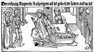 Prestamista judío con su familia recibiendo clientes, 1491 (grabado en madera) de German School