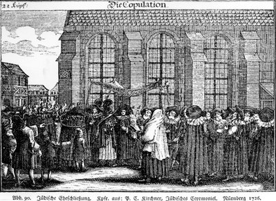 Procesión de boda judía por Georg Puschner del Jüdisches Ceremoniel de Kirchner, 1726 de German School