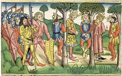 Josué 10 16-27 La ejecución de los cinco reyes, de la "Biblia de Nuremberg (Biblia Sacra Germanaica)" (xilografía coloreada) de German School