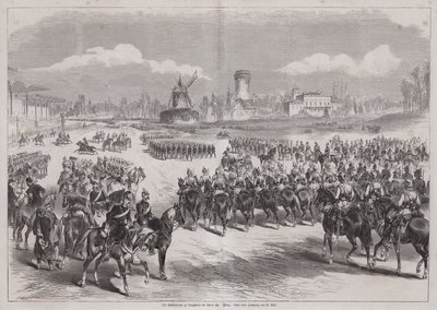 Kaiser Guillermo I de Alemania viendo desfilar a su ejército en Longchamp, París, Francia, marzo de 1871 (grabado) de German School