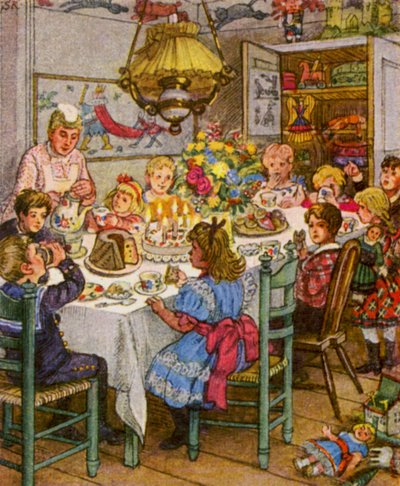 Kindergeburtstag / Cumpleaños de los niños (litografía en color) de German School