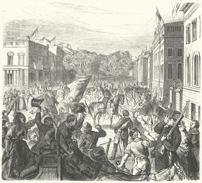 El Rey Federico Guillermo IV de Prusia pasando frente a la Universidad de Berlín camino a asistir a un funeral masivo de civiles muertos en disturbios, 21 de marzo de 1848 (grabado) de German School