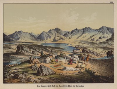 Lago salado Kiuk Kiol en el Valle de Karakash, Turkestán de German School