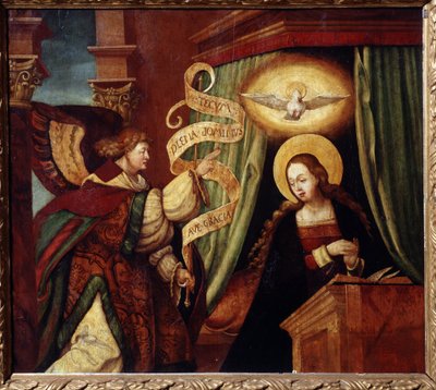 La Anunciación (La Anunciación). El arcángel Gabriel trae un mensaje en latín: ""Ave gratia plena Dominus tecum"" (Salve, llena eres de gracia, el Señor está contigo) (comienzo del Ave María). Pintura de un maestro alemán (siglo XVI). Aceite de German School
