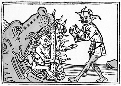 La boca del infierno - Jacobus de Teramo - El diablo Belial ante las puertas del infierno, del libro Das Buch Belial, publicado en Augsburgo de German School