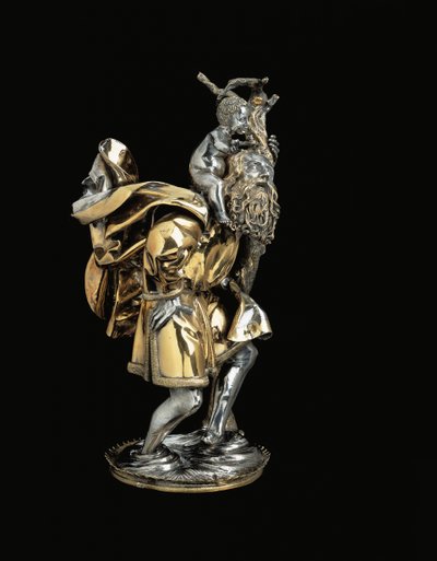 Estatuilla gótica tardía de San Cristóbal, sosteniendo al niño Cristo en su hombro derecho, sobre una base de relicario, probablemente Augsburgo de German School