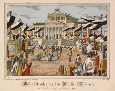 Colocación de la primera piedra del monumento a Schiller en Gendarmenmarkt, Berlín, 10 de noviembre de 1859, con el Schauspielhaus en el fondo, de Neuruppiner Bilderbogen, publicada por Oehmigle & Ri de German School
