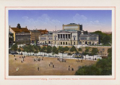 Leipzig, Augustusplatz y Neues Theater (litografía en color) de German School