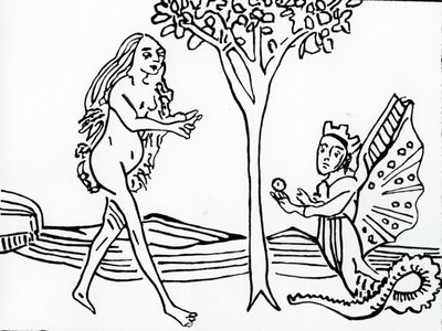 Lilith, alada y coronada, con cola de serpiente, ofrece la manzana a Eva, de 