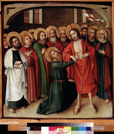 La incredulidad de Santo Tomás. Jesucristo sostiene una bandera blanca (estandarte) marcada con una cruz roja y su halo está marcado con una cruz. Pintura de un maestro suabo (activo alrededor de 1500). Óleo sobre tabla, 64 x 62 cm, v de German School