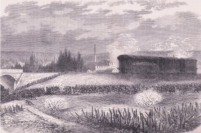 Baterías de locomotoras en acción, Historia de la Guerra entre Francia y Alemania de Cassell, publicada por Cassell and Company Limited, c.1890 (litografía) de German School