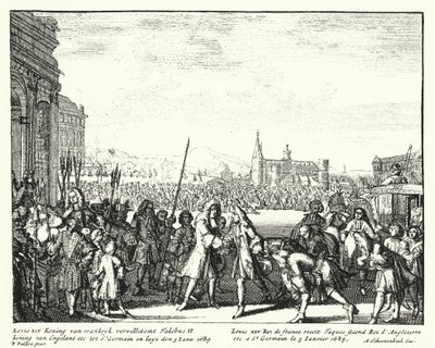 Luis XIV de Francia dando la bienvenida a Jacobo II de Inglaterra en el exilio de German School