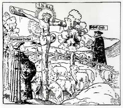 Lutero (1483-1546) y Hus (1369-1415) con Cristo en el redil, c.1520-21 de German School