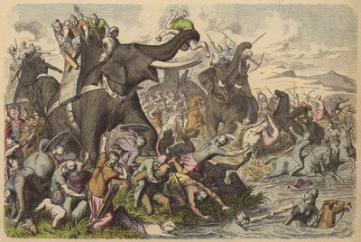 Macedonios usando elefantes de guerra en una batalla con los Dacios y Sármatas de German School