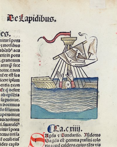 Hombre bajando en un bote naufragado, ilustración de Hortus Sanitatis, 1491 (xilografía coloreada) de German School