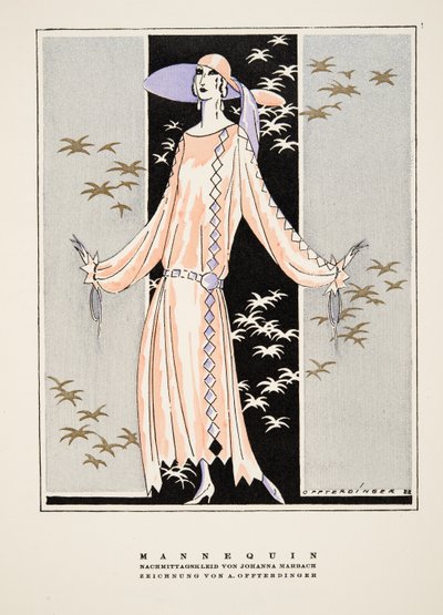"Mannequin", anuncio de un vestido de Johanna Marbach, de Styl, pub.1922 (impresión en pochoir) de German School