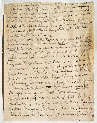 Página manuscrita de artículo de Karl Marx, en el periódico International Herald, publicado el 25 de enero de German School