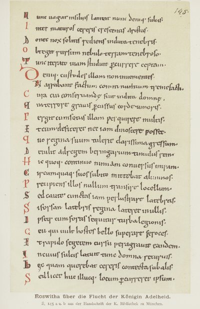 Manuscrito escrito por Hrotswitha de Gandersheim describiendo la fuga de la Reina Adelheid de German School