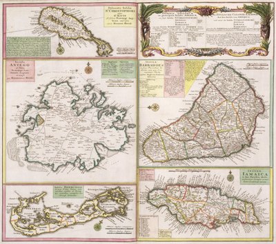 Mapa de las colonias inglesas en el Caribe, pub. por Homanns Heirs, Nuremberg, c.1750 de German School