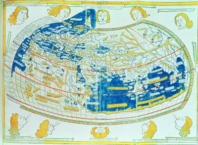 Mapa del mundo, basado en descripciones y coordenadas dadas en "Geographia", de Ptolomeo (Claudius Ptolemaeus of Alexandria) (c.90-168 AD), publicado en Ulm, Alemania de German School