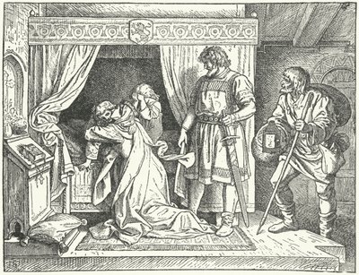 Margarita de Sicilia, hija del Emperador del Sacro Imperio Romano Germánico Federico II, dejando a sus hijos tras descubrir el adulterio de su esposo, Alberto el Degenerado, Margrave de Meissen de German School