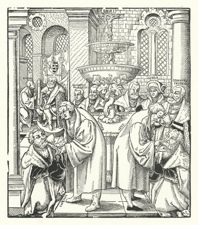 Martín Lutero y Jan Hus administrando la Sagrada Comunión a la familia real sajona de German School